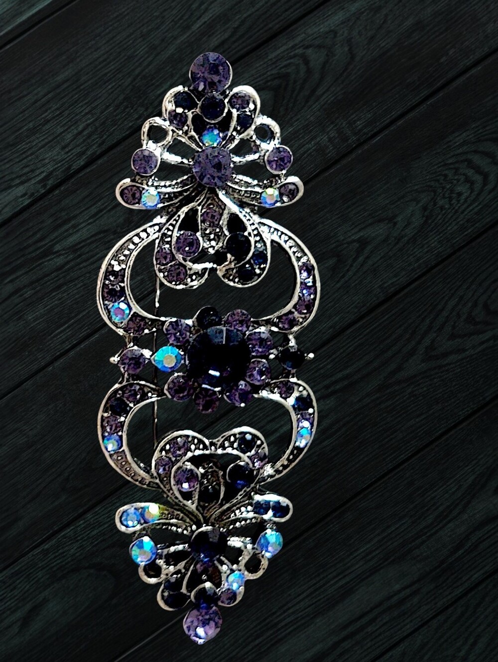 Ornate Blue & Purple Crystal Filigree Brooch